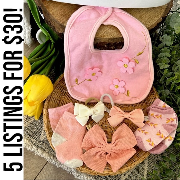Baby girl girly bib, socks & matching hair accessories headbands - Picture 1 of 9